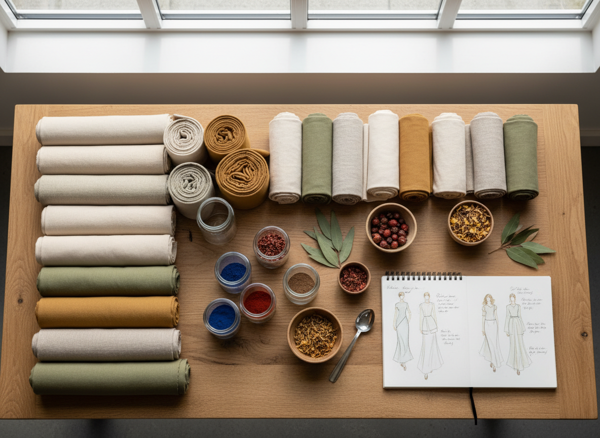 A close-up of an artisan worktable made from repurposed oak, its worn yet refined surface scattered with neatly rolled swatches of organic fabrics in soft beige, moss, and muted ochre. Small glass jars of plant-based pigments, dried flower petals, and leaves sit alongside a stainless steel measuring spoon and a sketchbook showing delicate clothing sketches. Overhead, filtered skylight produces a calm, even illumination, creating subtle highlights on the glass jars and gentle shadows between the fabric folds. Photographed from directly above in a bird’s-eye composition, every element is clearly defined, emphasizing order, intention, and sustainable luxury. The mood is contemplative and refined, with clean, photographic realism and a sophisticated, editorial aesthetic.
